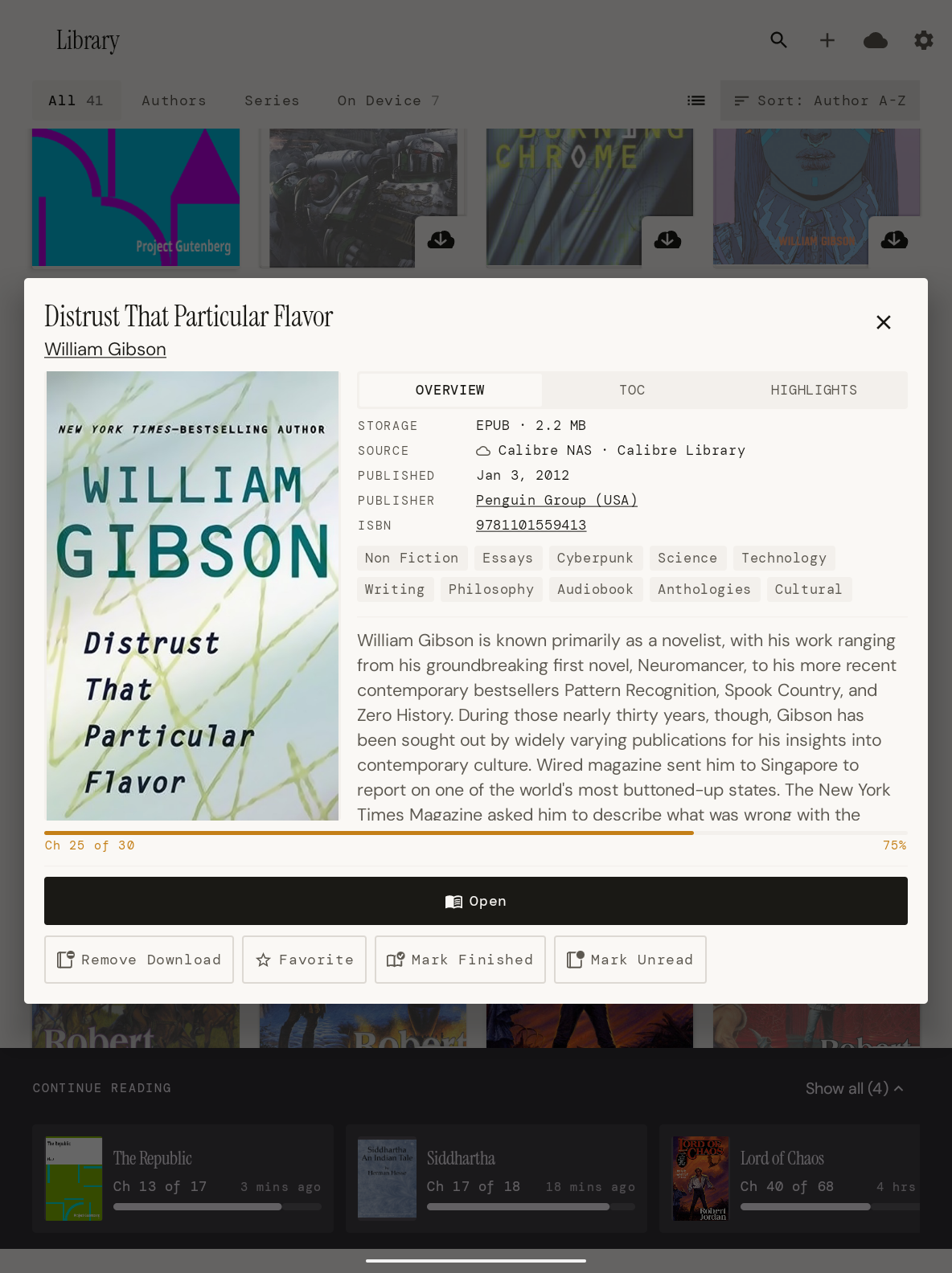 Book detail modal for Distrust That Particular Flavor showing metadata, tags, reading progress, and action buttons