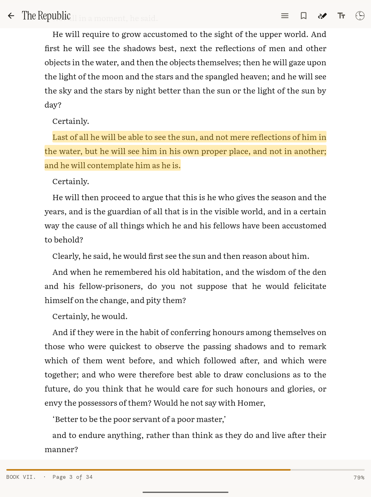 Reading The Republic with a highlighted passage and progress bar